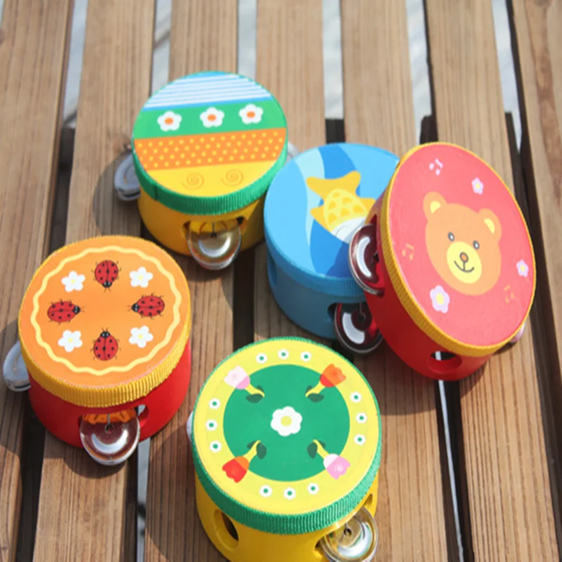 Children Music Drum Handbells Baby Toy Educational Cartoon Bear Musical Drum Beat Instrument Hand Sound Drum Baby Wooden Bells