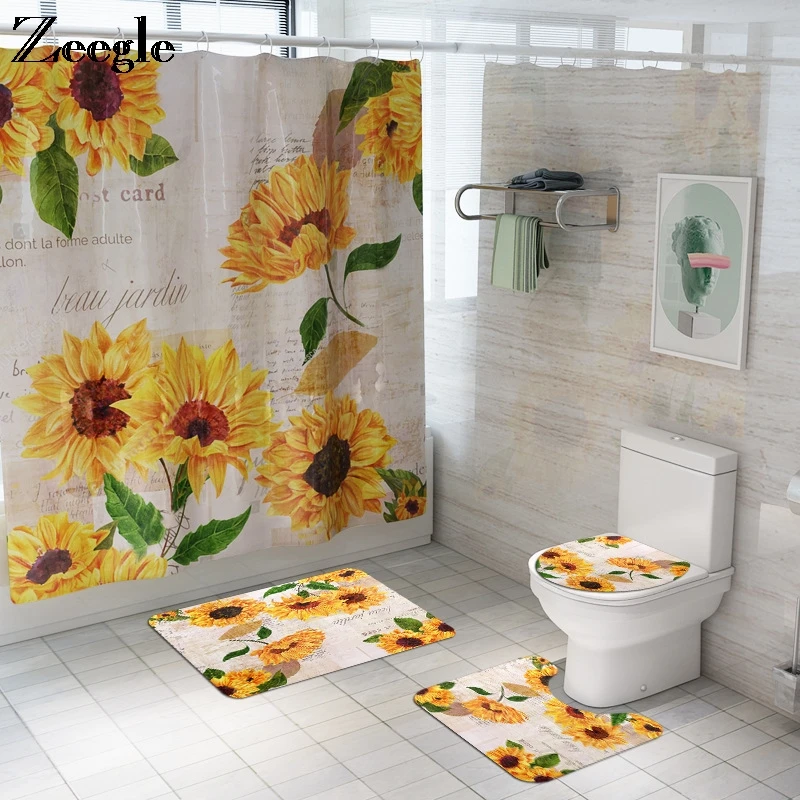 Zeegle Bathroom Curtain and Bath Mat Set Absorbent Toilet Pedestal Rug Foot Mat Washable Toilet Seat Cover Mat 4pcs Toilet Set