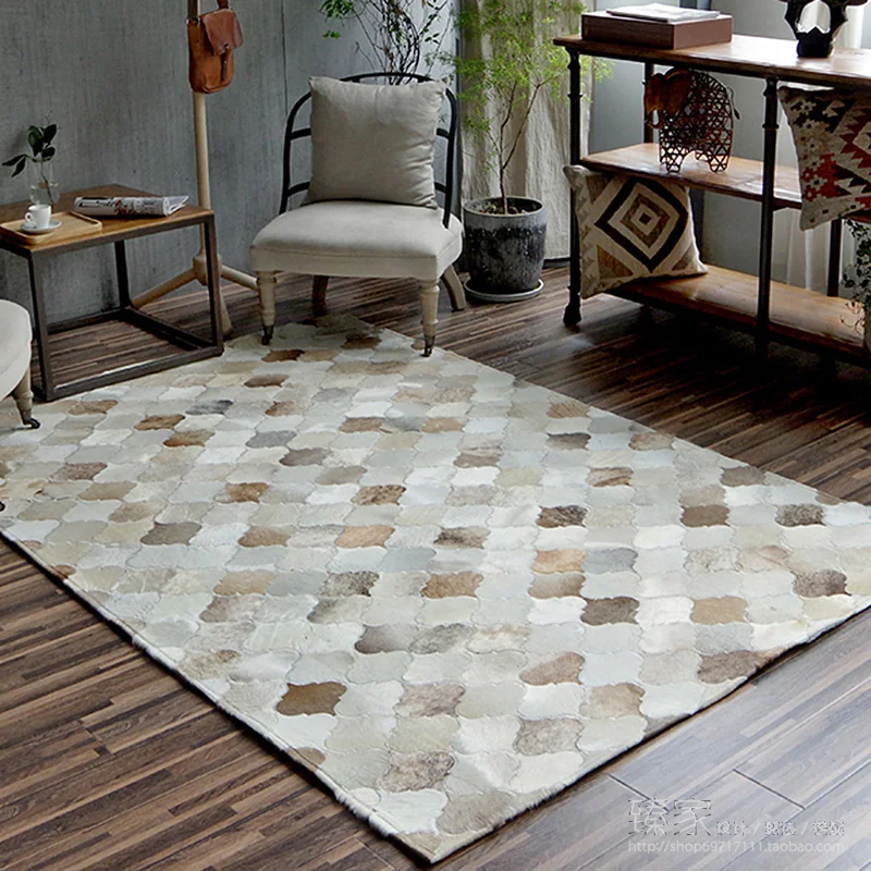 

New European Style Luxurious Hand-Stitched Rug Living Room Bedroom Tea Table Big Carpets Geometric Pattern Custom Cowhide Carpet