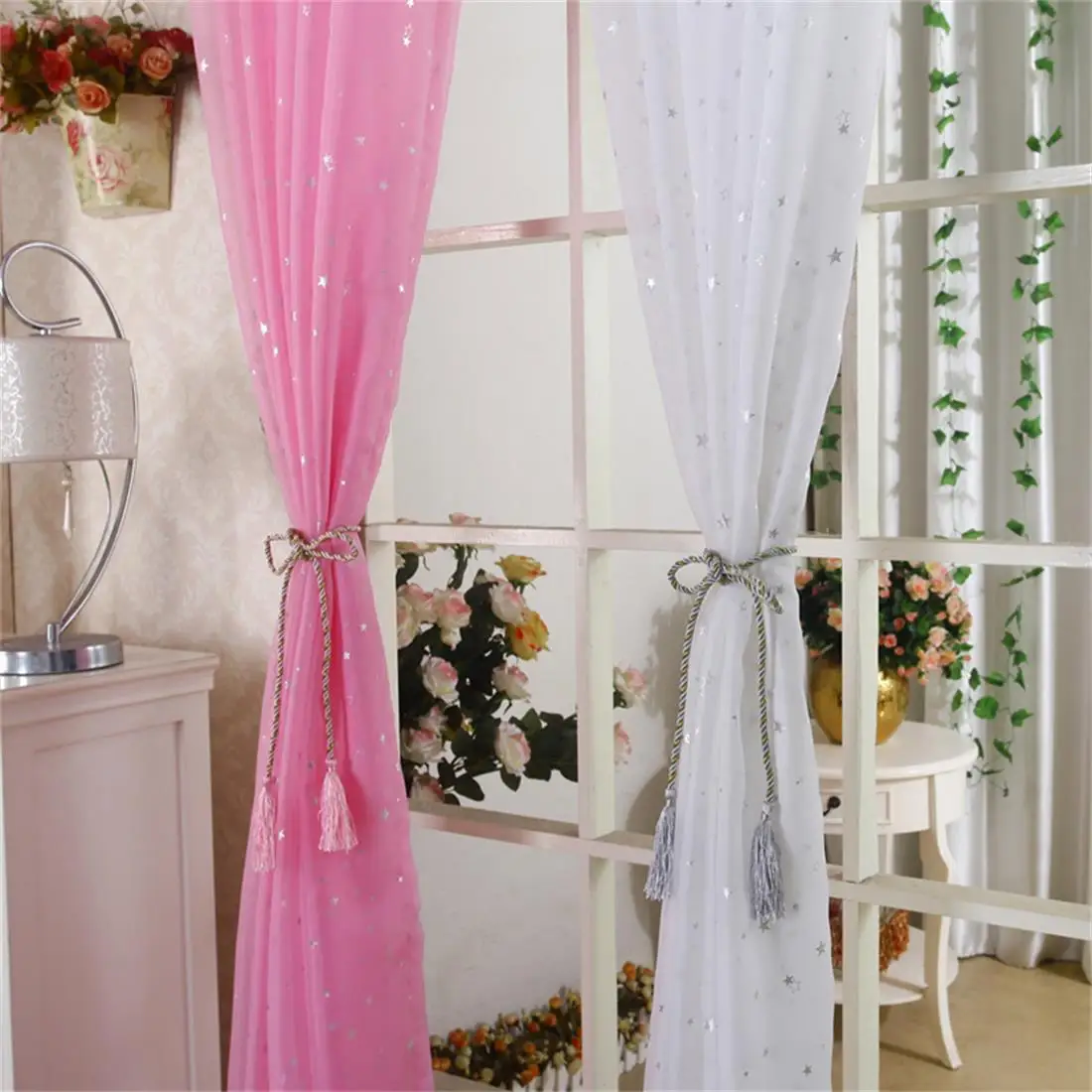 Shiny Star Gauze Screening Window Pink Blue Green Tulle Curtain White Modern Fashion Fancy Tulle Sitting Room Kids' Room wp234#4