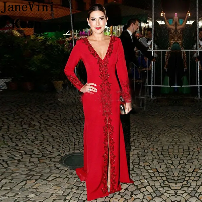 

JaneVini Dubai Red Formal Dresses Evening Gown Plus Size Lebanon Beaded Lace Split Mermaid Long Sleeve Evening Dress Avondjurken