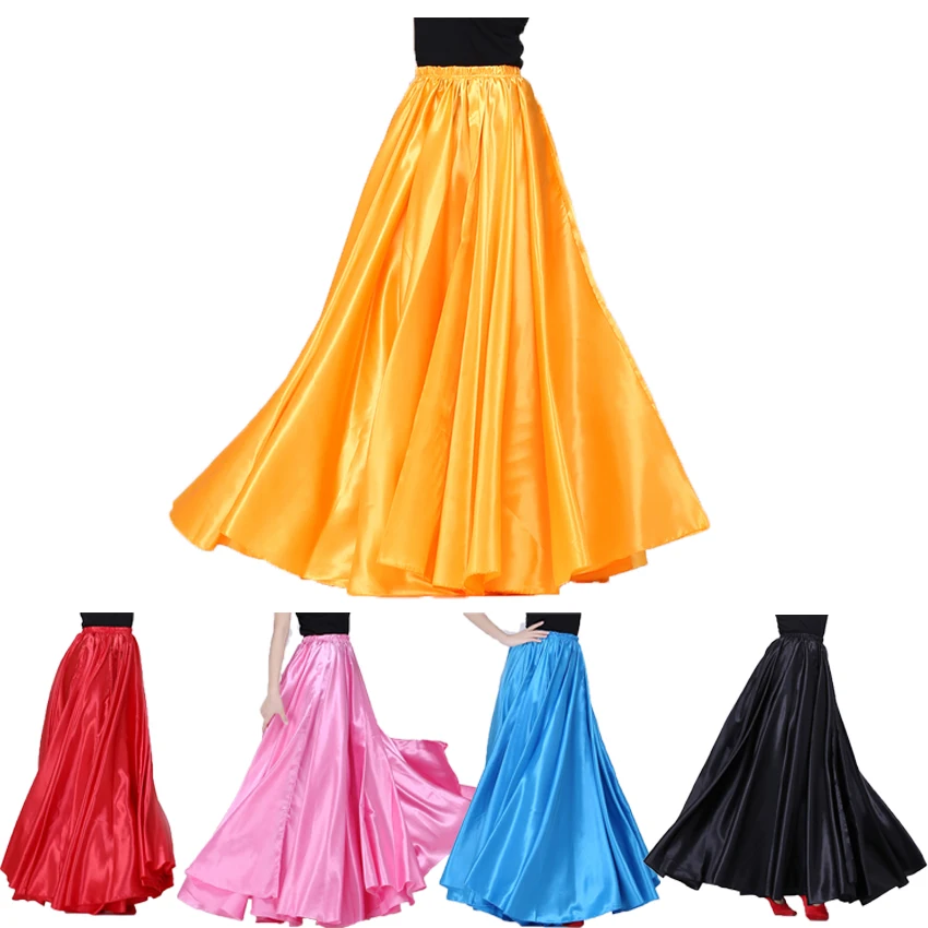 Baoblaze Ladies Belly Dance Costume Long Satin Swing Dance Skirt Maxi Skirt Big Swing Pleated Skirt Latin Waltz Dress