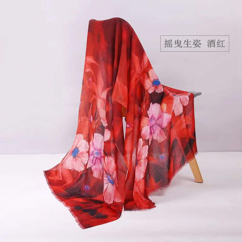 Женский шерстяной шарф со стразами, шаль для зимы 180*70 см - Цвет: Red Floral