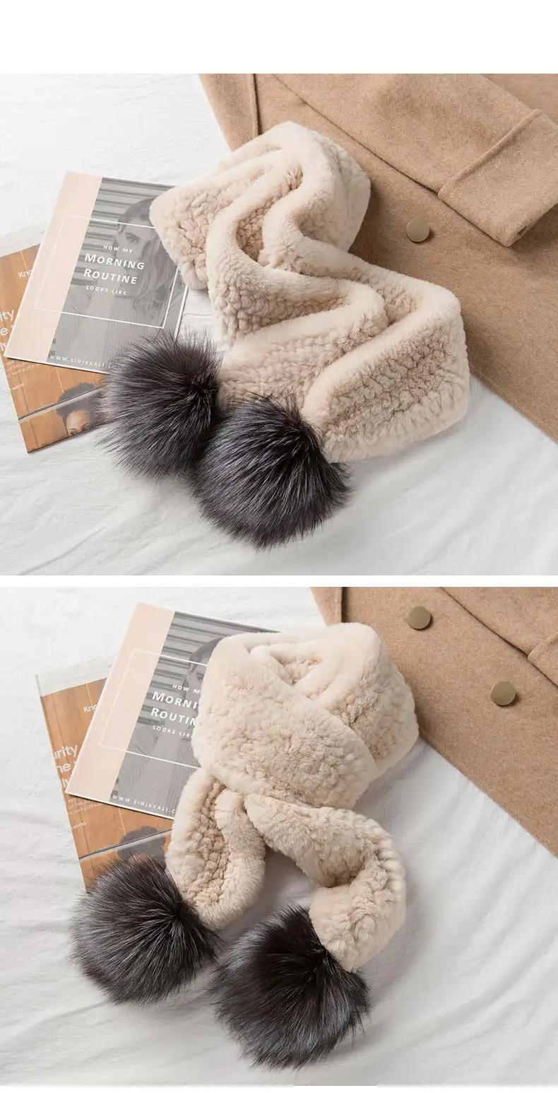Winter Warm Rex Rabbit Fur Woven Big Hair Ball Scarf Encryption Thickening Fur Scarf Bib