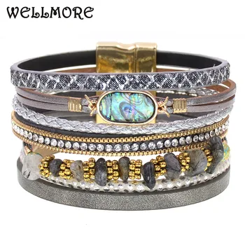 

WELLMORE BOHO leather bracelets for women stone bracelets multilayer wide charm Bracelets & Bangles Female fashion Jewelry