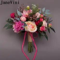 JaneVini 2019 розовые цветы Искусственный Свадебный букеты винтажная роза красный лист свадебная брошь невесты ручной держатель букет De Mariage