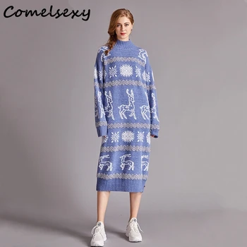 

Long Sleeve Plus Size Wool Knitted Christmas Women Casual Midi Autumn Winter Sweater Dress Elegant Clothes 2019 Ladies Dresses