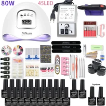 Комплект гель-лака с 80 Вт Светодиодная для на выбор 20/10 Цветной Гель-лак с покрытием геля электрический набор для сверления ногтей гель смазка база и топ для ногтей все для наращивания ногтей