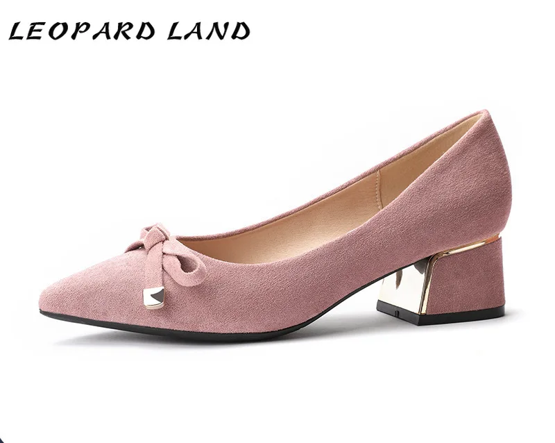 LEOPARD LAND4.5CM Spring Thick Heel Pointed Women's Single Shoes Suede Bow Shallow Mouth Office High Women YZH | Обувь