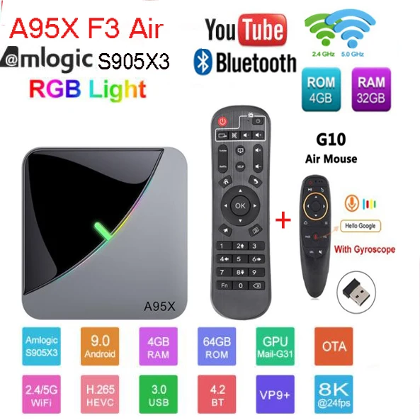 Android 9,0 RGB светильник Smart tv Box Amlogic S905X3 USB3.0 1080P H.265 4K 60fps Wifi Google Play Netflix Youtube A95X F3 Air 8K - Цвет: 4G 32G G10