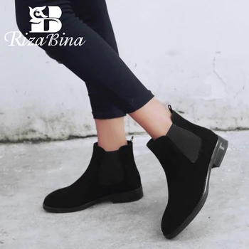 

RIZABINA Ankle Boots For Women Genuine Leather Winter Flats Shoes Women Casual Round Toe Office Ladies Short Boots Size 34-39