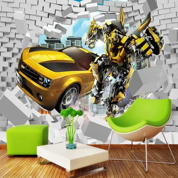 

Custom mural wallpaper 3D children's room cartoon 3D bumblebee car brick wall background wall decorative painting
