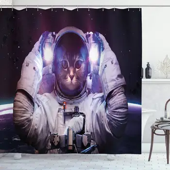 

Space Cat Shower Curtain Kitty in Cosmonaut Suit in Galaxy Stars Supernova Design Image Cloth Fabric Bathroom Decor Set