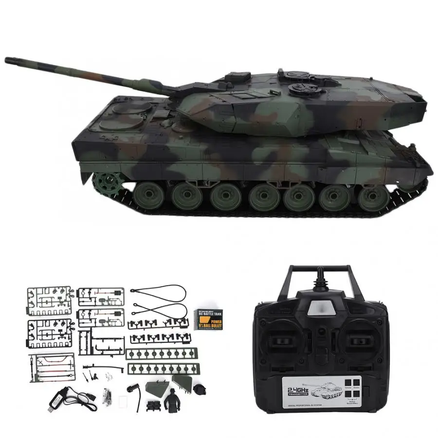 

Hot 2.4G RC Tank 1/16 Remote Control German Leopard 2 A6 Battle Tank Simulation Smoke Rotation Launcher Tanks for Kids Gift