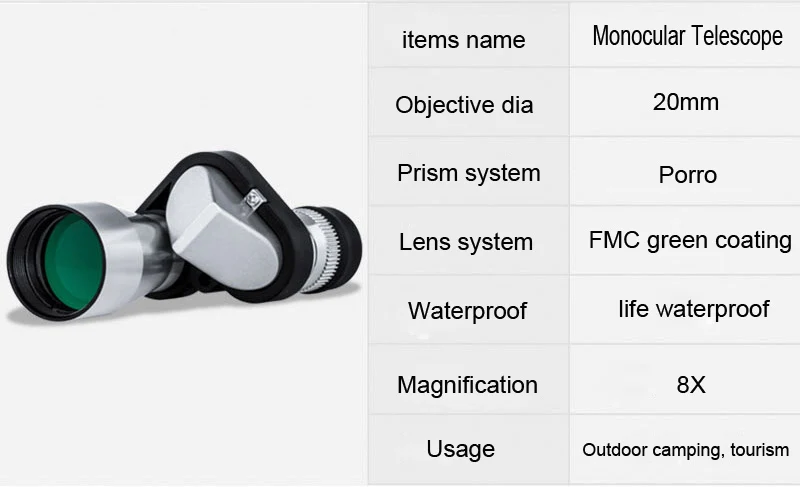 Высокая Мощность HD 8x20 монокулярный Телескоп для туризма в поход бинокль фокус низкий свет ночного видения Telescopio Seiko металл