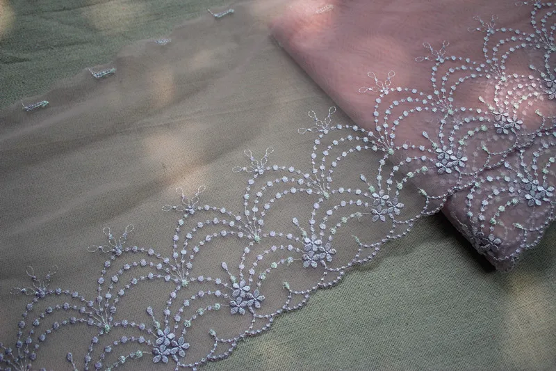 " 23 см(2 ярдов/партия) вышитая Тюлевая кружевная отделка в розовом+ светло-фиолетовом+ серебристом, винтажная сетчатая Кружевная аппликация