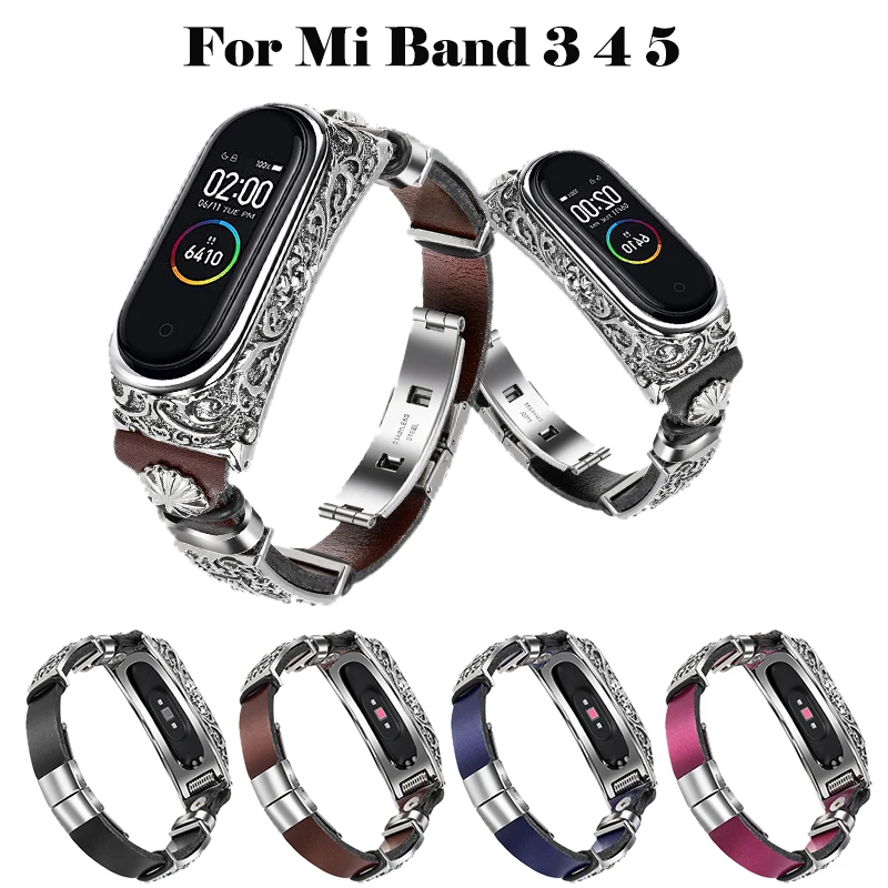 

Leather Stainless steel 3D frame Strap for Xiaomi MiBand 3 4 5 strap For Xiaomi Mi Band 3 4 5 bracelet strap Smart Watch band