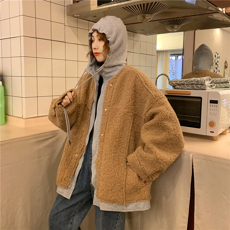 Patchwork Hooded Pocket Two Piece Style Thick Plush Coat Winter Faux Fur Lambwool Women Jacket Loose Top Warm Oversized Korean