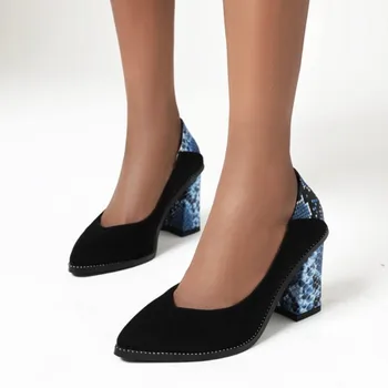 

Fanyuan Flock Snakeskin PU Leather Spring Autumn Ladies Pumps Square High Heel Sexy Pointed Toe Women Single Shoes Size 34-43