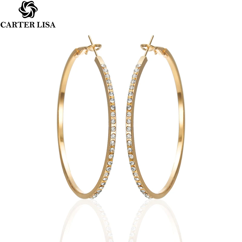 

CARTER LISA 2019 New Fashion Gold Silver Geometric Pave Crystal Round Big Circle Hoop Earrings for Women Girl Wedding Party