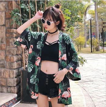 

2020 Women Japanese Kimono Cosplay Green Summer Shirt Blouse Women Thin Coat Japanese Yukata Haori Summer Beach Kimono For Women