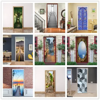 3d Landscape Door Sticker For Living Room Corridor Bedroom Art Home Decor Decal DiY Self-adhesive Wallpaper For Doors Renovation 1