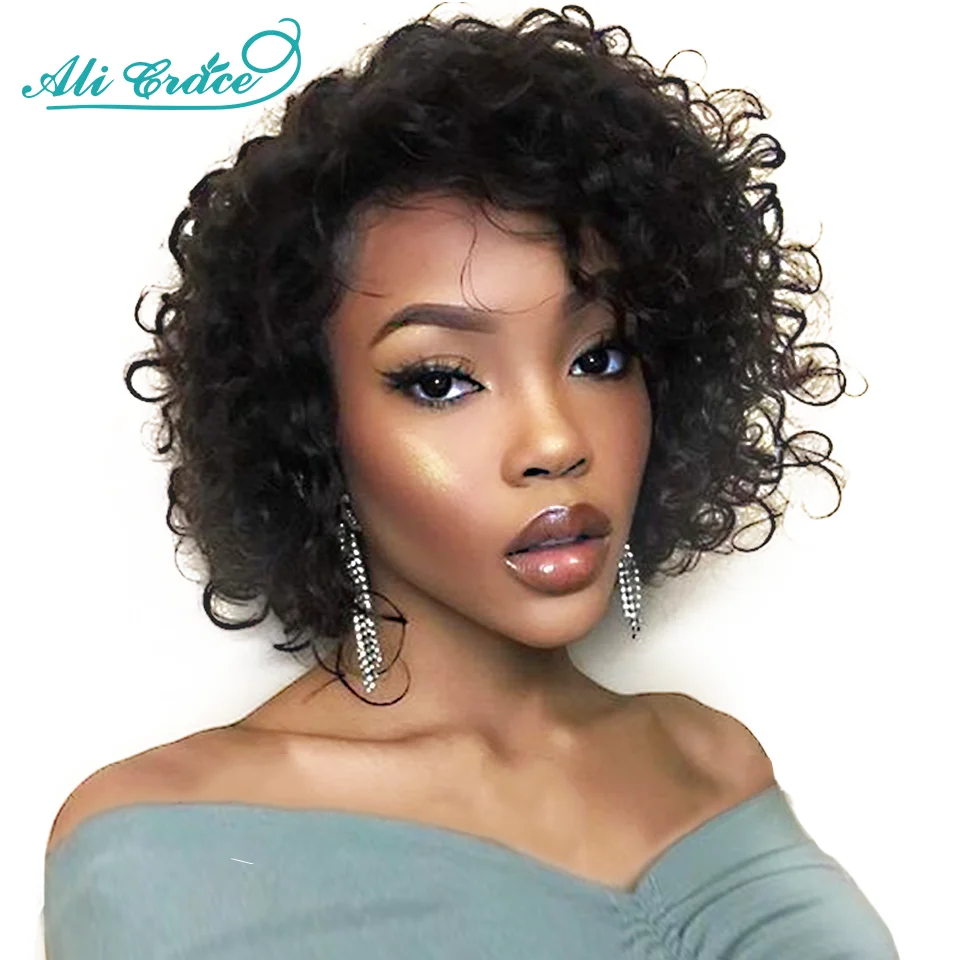 Human Hair Wig Lace Front Wig Human Hair Wigs Front Lace Wig 20CM Pixie Cut Blunt Bob Wig Brazilian Short Curly Hair Wigs Pre-plucked Pixie Cut Curly Wig 13x1 Transparent Lace Front Wigs