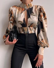 

Spring Women Abstract Print Cutout Backless Top 2022 Femme Casual Lantern Sleeve Cut Out Blouse Office Lady Outfits Y2K