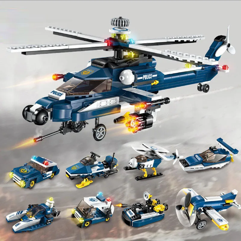 

381PCS 8IN1 City Military Helicopter Building Block Aircraft Model Kit Bricks Police Toys for kid gift Compatible with legoing