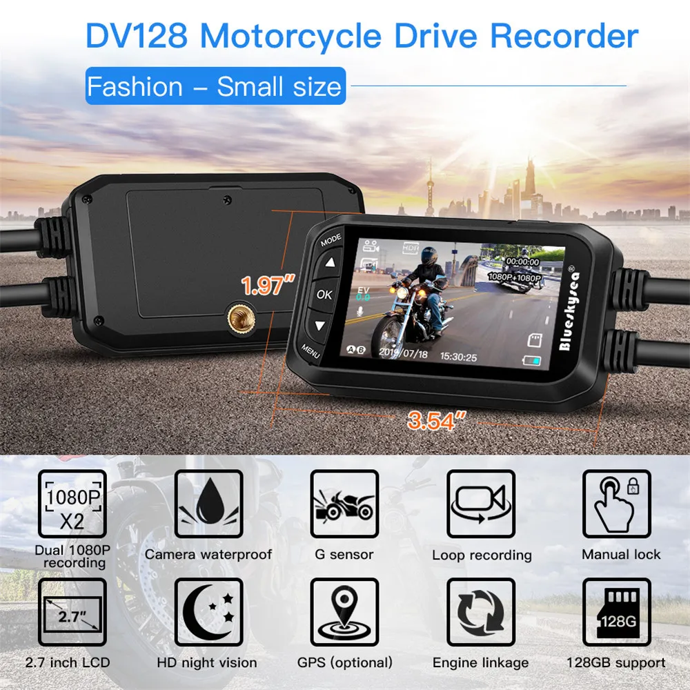 Blueskysea DV128 Moto rcycle Dash Cam HD 1080P Двойной объектив rbike велосипед видео Регистраторы