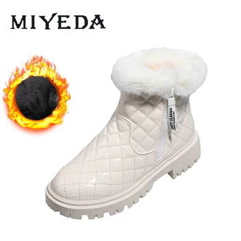 

Fluffy Boots Women Side Zipper Warm Plush Gridding Button Leather Round Toe High Top Chunky Low Heel Fur Female Winter Boots