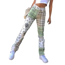 Autumn Women's Check Pattern Splicing Color Jeans Casual Street Style Hip Hop Pants