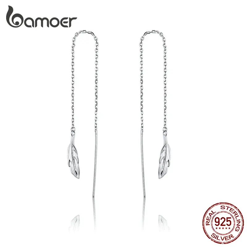 

bamoer GXE786 Genuine 925 Sterling Silver String Earrings Long Tassle Feather Earrings for Women Dangle Earrings Korean Jewelry