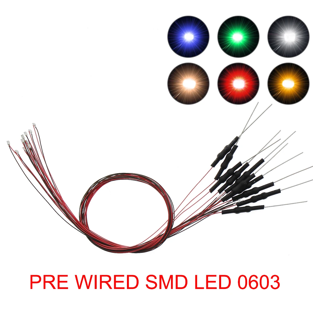 Evemodel 20 pces pre prendido micro fio smd led 0603 luz 20cm fio com