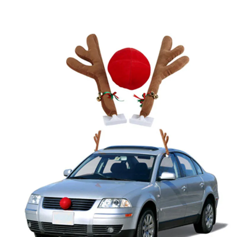 

2 Antlers + 1 nose Cute Vehicle Nose Horn Costume Set Horn And Red Nose Christmas Supplies Rudolf Reindeer Christmas Car Decor