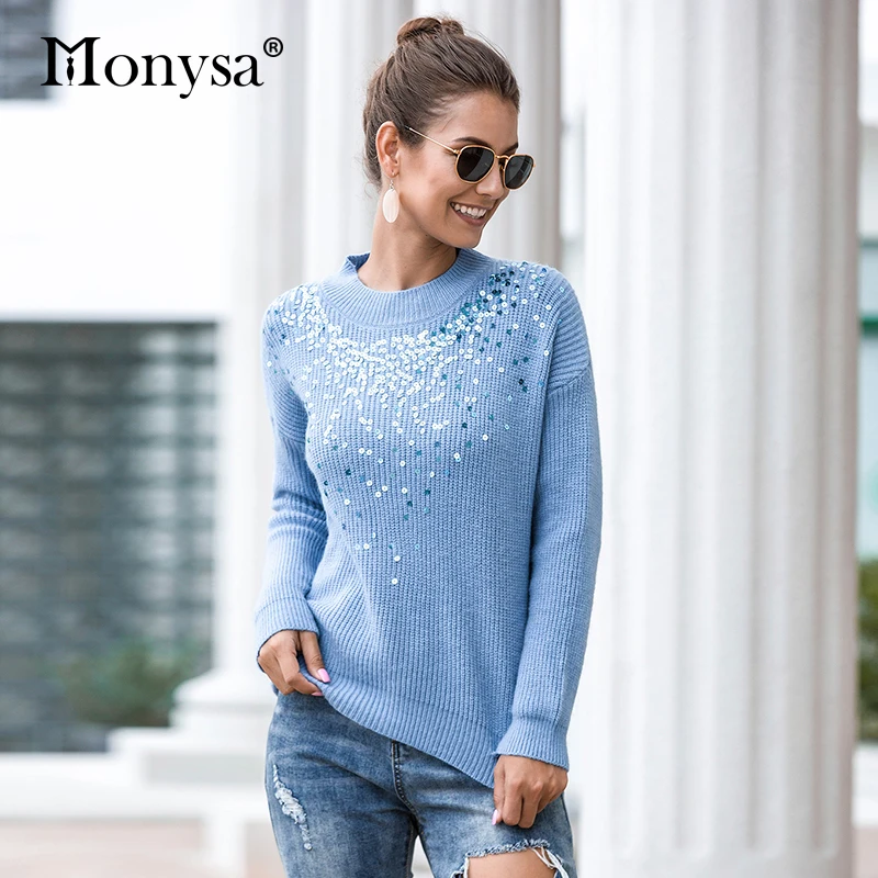 

Womens Sweaters Autumn Winter 2019 New Arrival Fashion Sequin Knitted Sweater Ladies Pullover Casual Sweater Blue White Purple