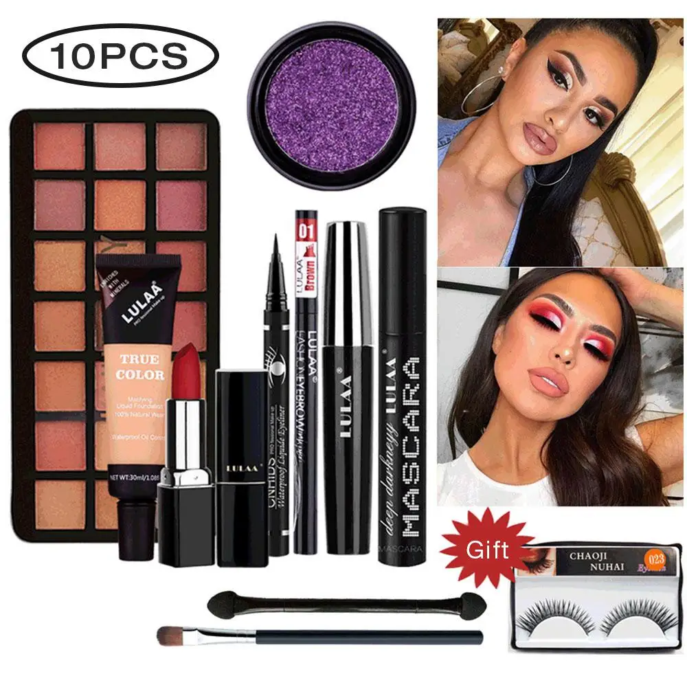 

10pcs Full Face Makeup Set 24 Colors Eyeshadow Palette Mascara False Eyelashes Eyeliner Lipstick Make Up Tools Kits