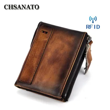 

CHSANATO Anti Rfid Card Holder Case Men Cow Leather Wallet Male Double Zippers Coin Purse Driver License Cover