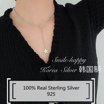 

100% Pure Silver 925 Jewelry for Women Necklaces Korea Trendy Dongdaemun Handmade Chain on Neck Silver Luck Star Tassels Choker