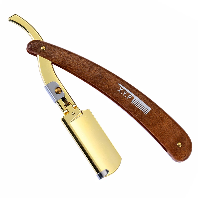 Cuchilla de afeitar plegable de acero inoxidable para hombre, maquinilla de afeitar con mango de madera, herramienta de peluquería, cómoda y Manual, 1 unidad