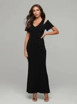 

Women Sexy V Neck Short Sleeve Round beads Mesh Black Fashion Dress 2019 Early Autumn Style Elegant Female Bodycon Party Dress