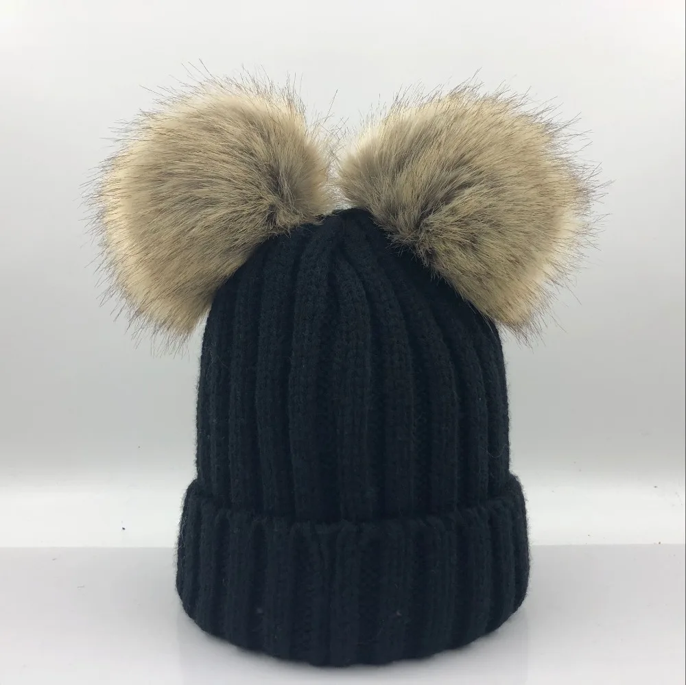 Теплые зимние шапки для маленьких мальчиков и девочек, большие размеры 15 см, помпон с искуственным мехом, детские вязаные шапки