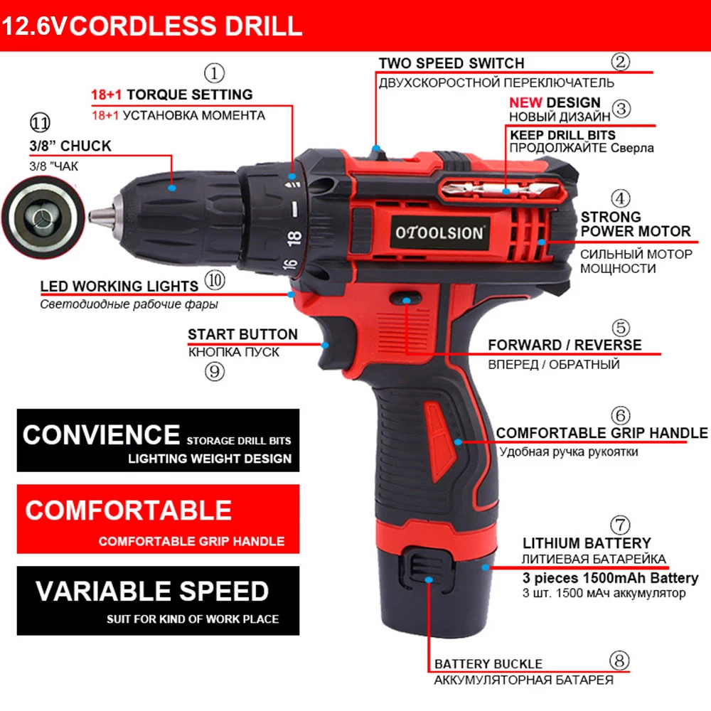 1350rpm Wireless Screwdriver 12.6V Battery Screwdriver Electric Tool 2 in 1 Drill And Screwdriver Drill Driver For Home Use (2)