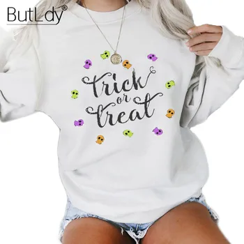 

O-neck Letter trick or treat White Sweatshirt Women Printed Alien Autumn Winter New Style Long Sleeve Pulloves Women Hoodies