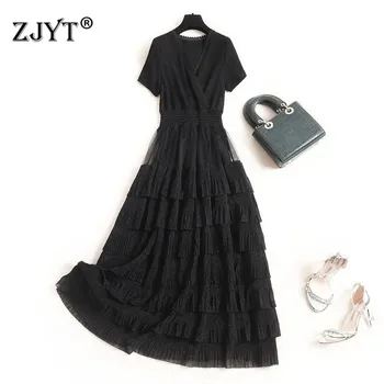

2020 New Fashion Women Summer Style Dress Elegant Short Sleeve V Neck Cascading Ruffle Mid Calf Black Sexy Party Dresses