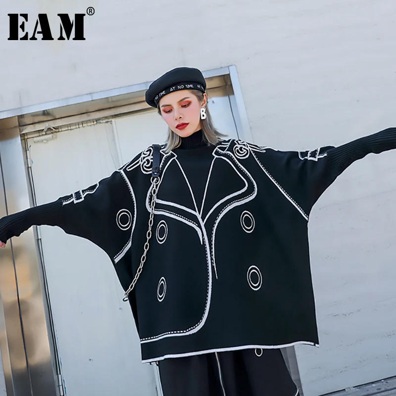 

[EAM] Pattern Big Size Knitting Sweater Loose Fit High Collar Long Sleeve Women Sweater New Fashion Autumn Winter 2019 1H748