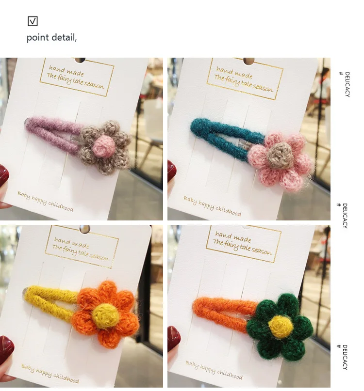 Children Cute Knitting Plush Flowers Hairpins Girls Colors Hollow Headbands Barrettes Hair Clips Kids Lovely Hair Accessories