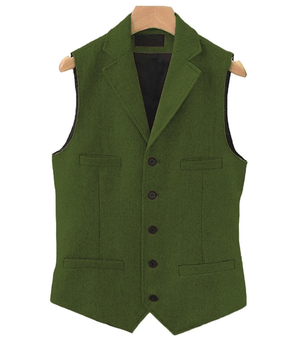 Gilet Uomo In Tweed A Spina Di Pesce In Lana – Scollo A V, 4 Tasche, Fibbia Regolabile, Taglia S (Marrone)