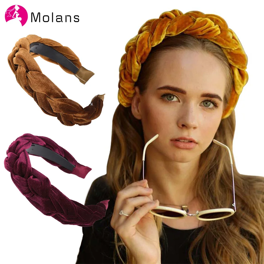 

MOLANS Velvet Braided Headband Fashion Women 4CM Wide Braid Hair Band Winter Velvet Crown Thick Velvet Head Band for Girls