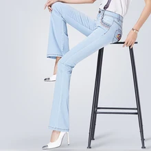 Летние новые тонкие эластичные женские длинные джинсы с вышивкой с завышенной талией расклешенные брюки легкие офисные женские большие размеры модные для девочек